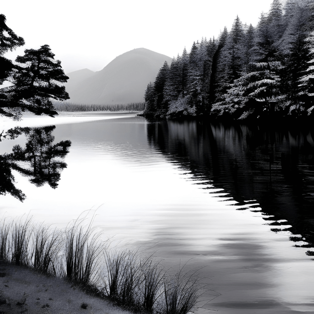 Jazero vedľa lesa, čierno biela fotografia