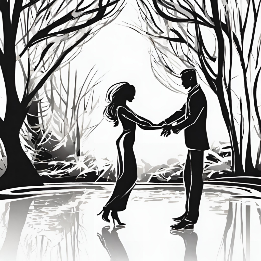 muž tancuje so ženou v prírode, čierno biela kresba