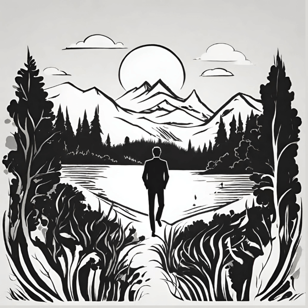 muž v prírode pozerá na západ slnka za horami