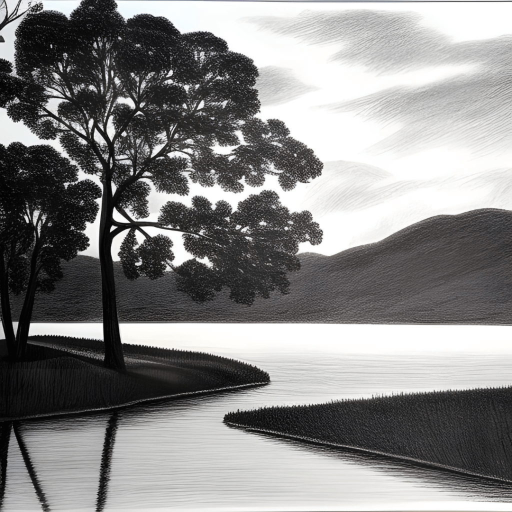 osamotený strom nad jazerom čierno biela kresba