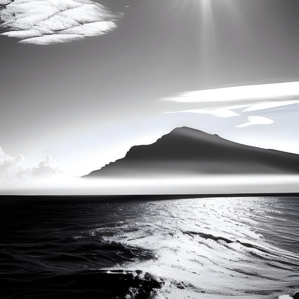 ostrov v hmle, čierno biela fotografia
