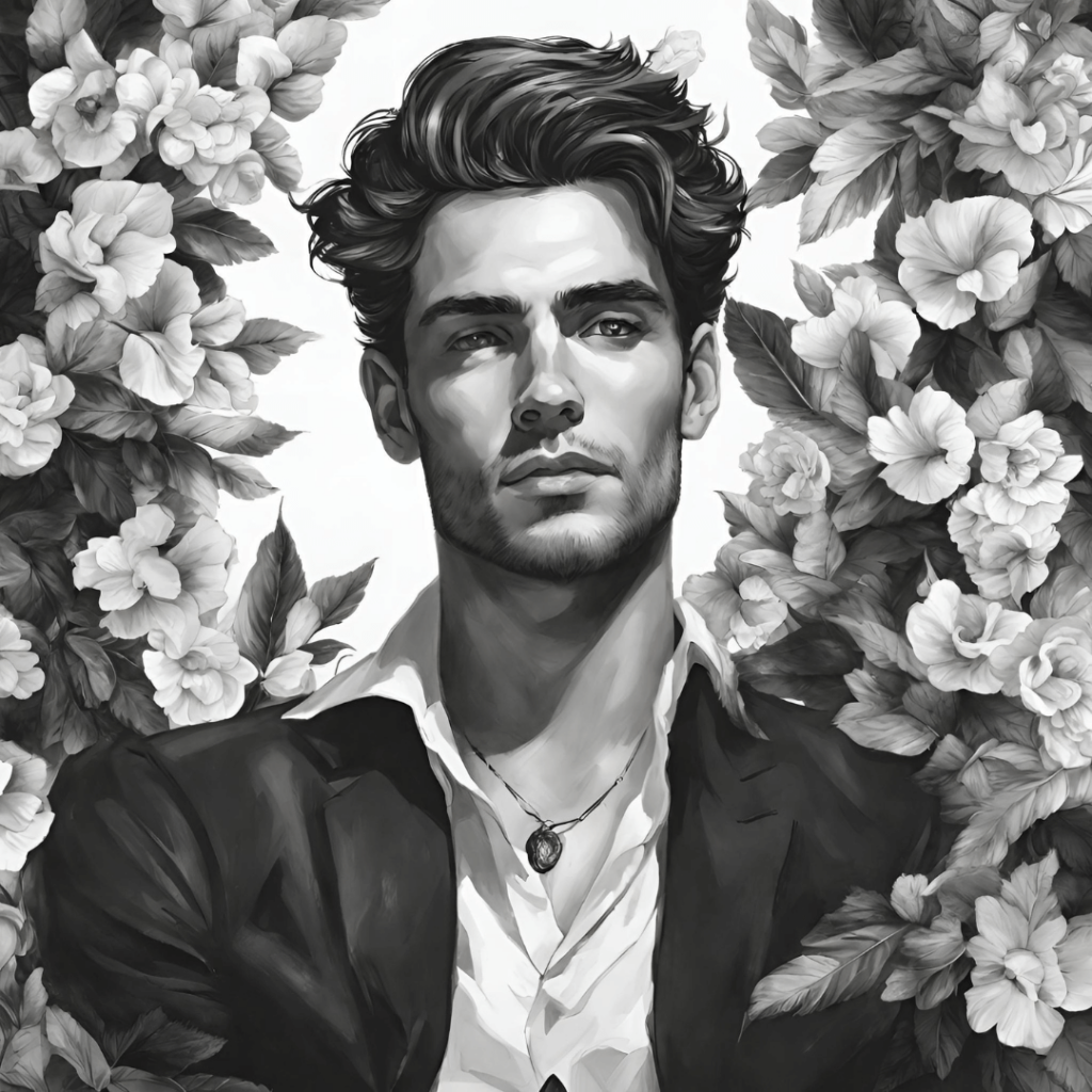 Dobre vyzerajúci chlap a kvety, portrét čierno biela kresba
