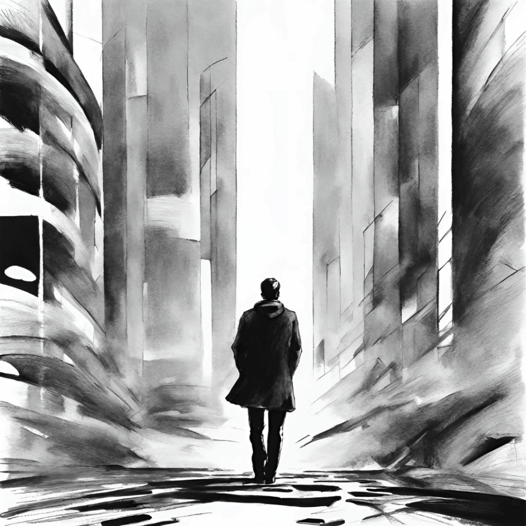 chlap bez priateľov v meste čierno biela kresba