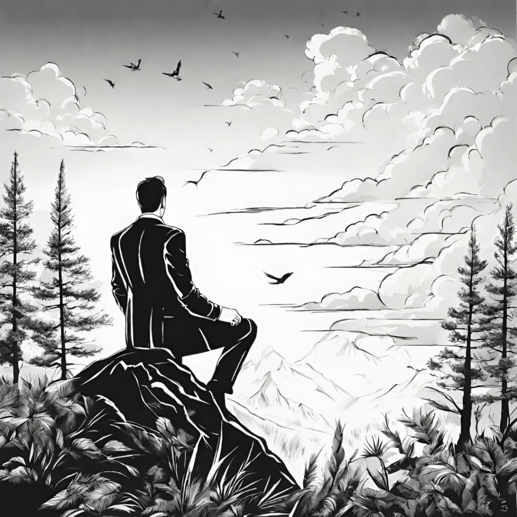 chlap ktorý sa pozerá na prírodu a sedí na skale čierno biela kresba