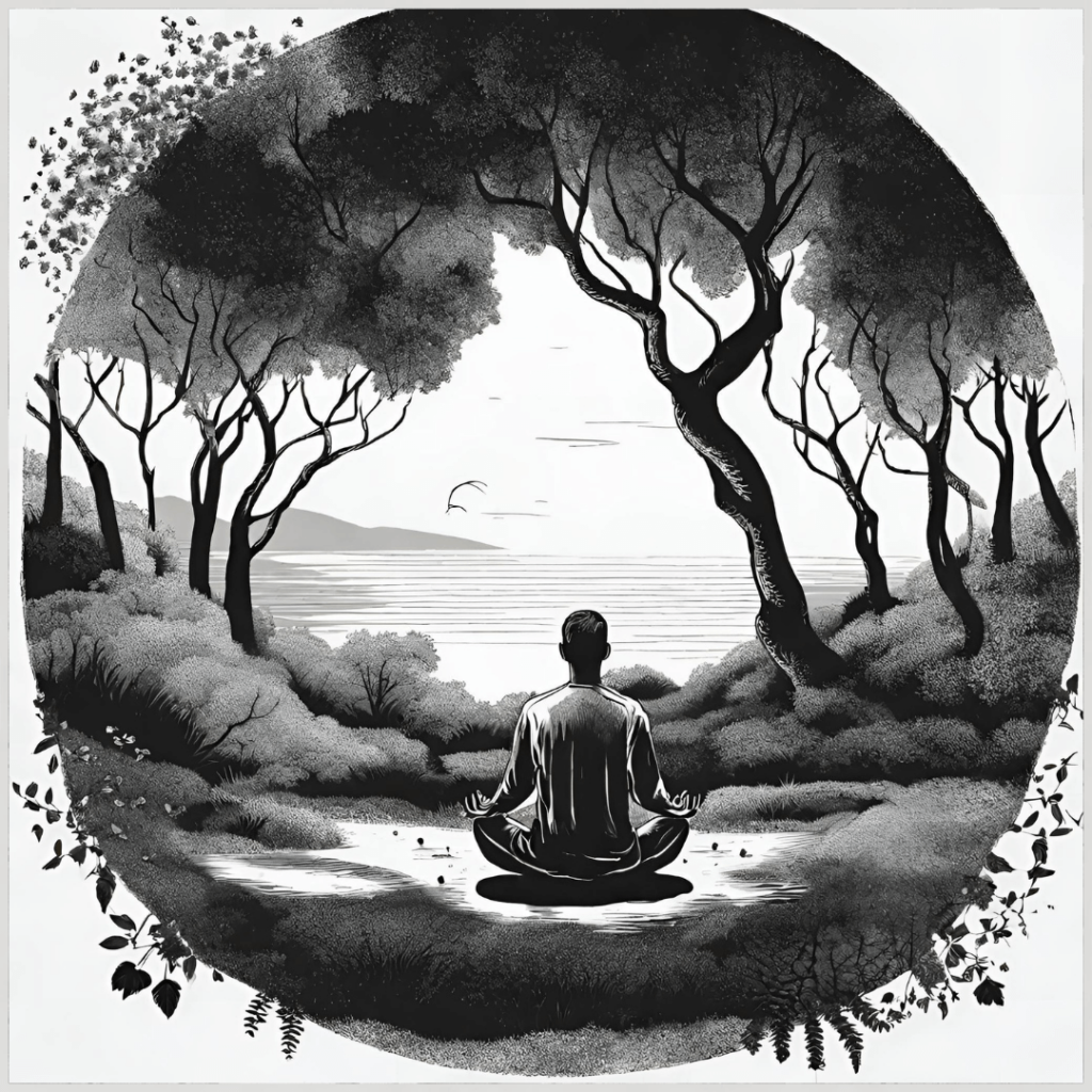 chlap medituje pod palmami čierno biela kresba