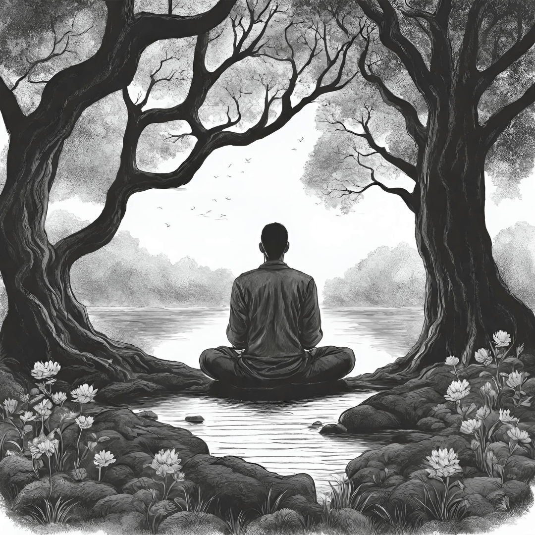 chlap medituje v lese aby sa zbavil stresu, čierno biela kresba