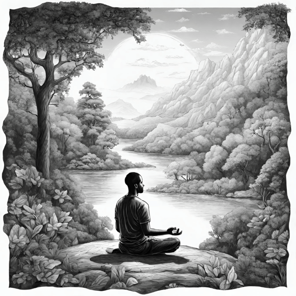 chlap medituje v prírode čierno biela kresba