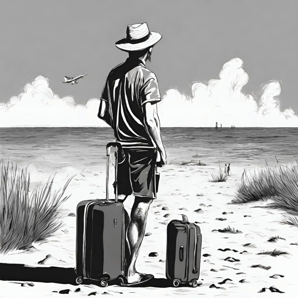 chlap na pláži začína dovolenku čierno biela kresba