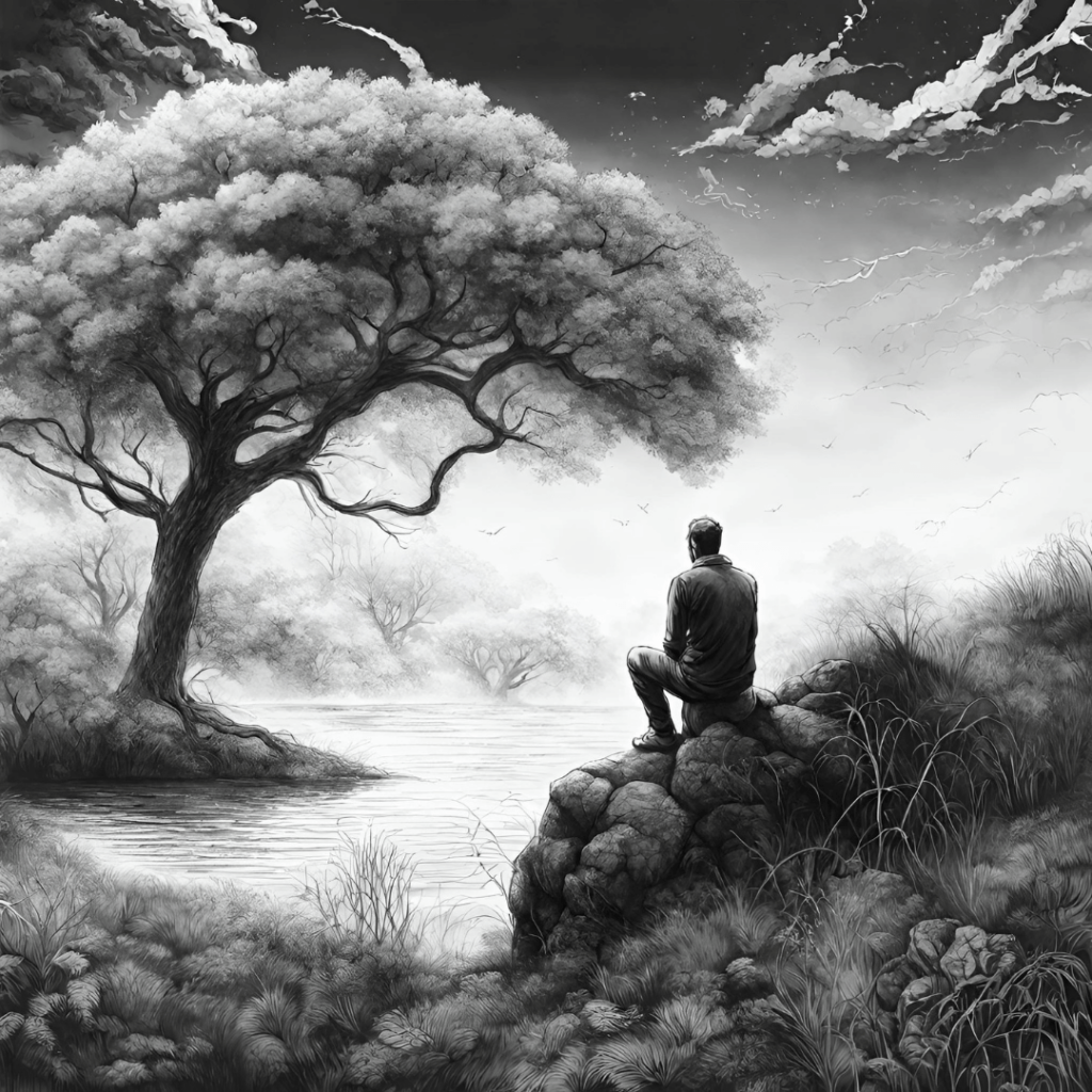 chlap sedí na kameni a pozerá na strom čierno biela kresba