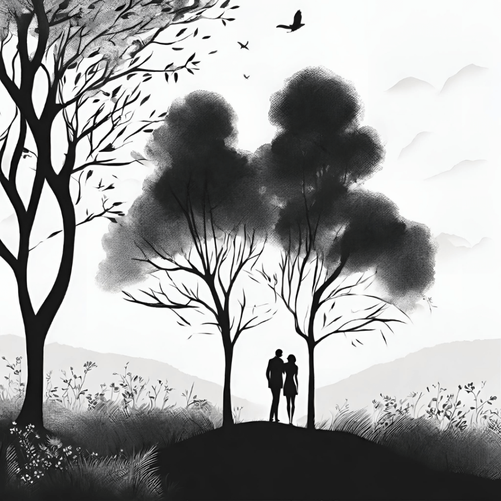 dvojica na rande pod stromami čierno biela kresba