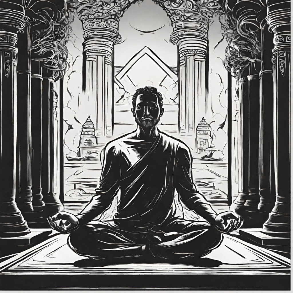 múdry chlap medituje v chráme čierno biela kresba