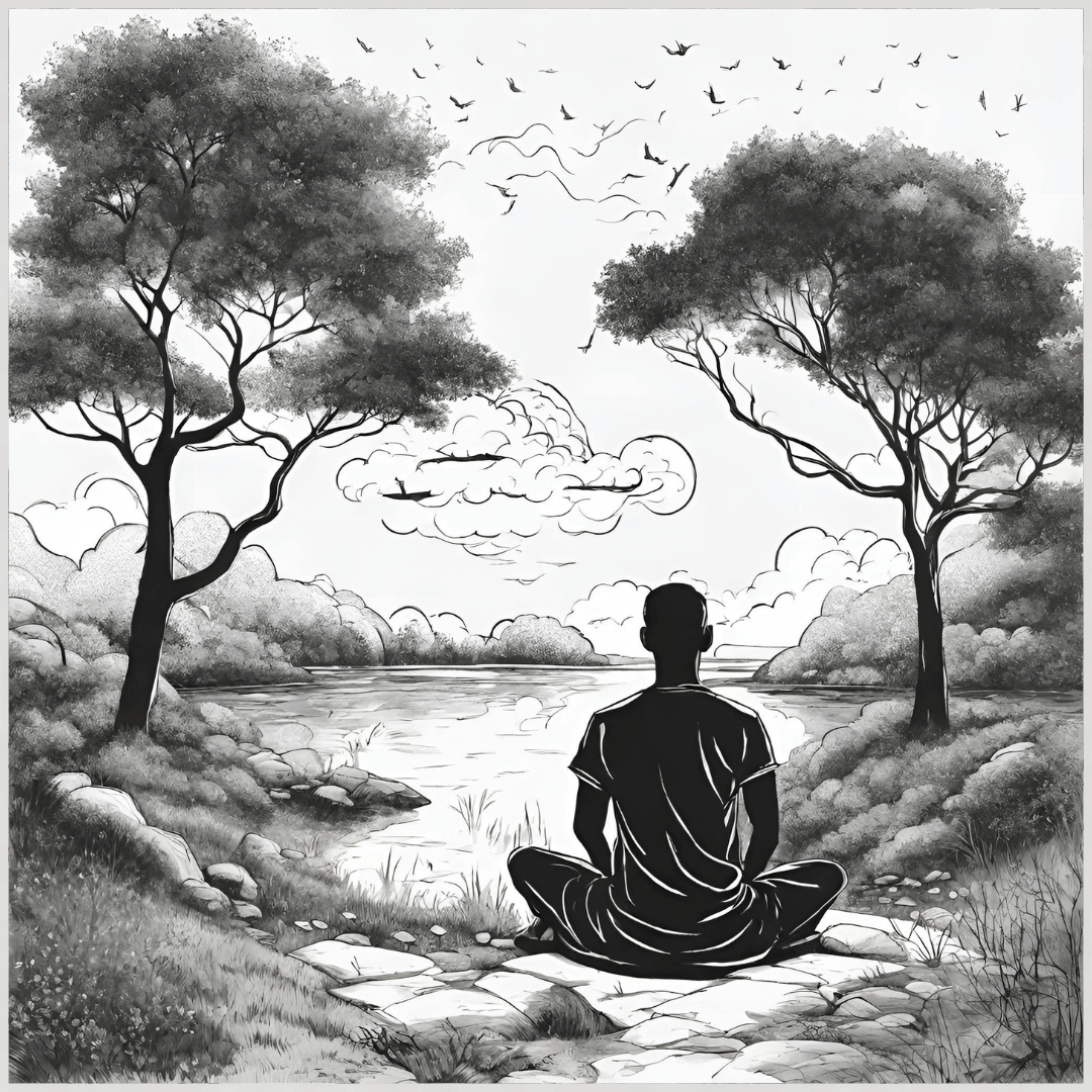 muž medituje medzi stromami čierno biela kresba
