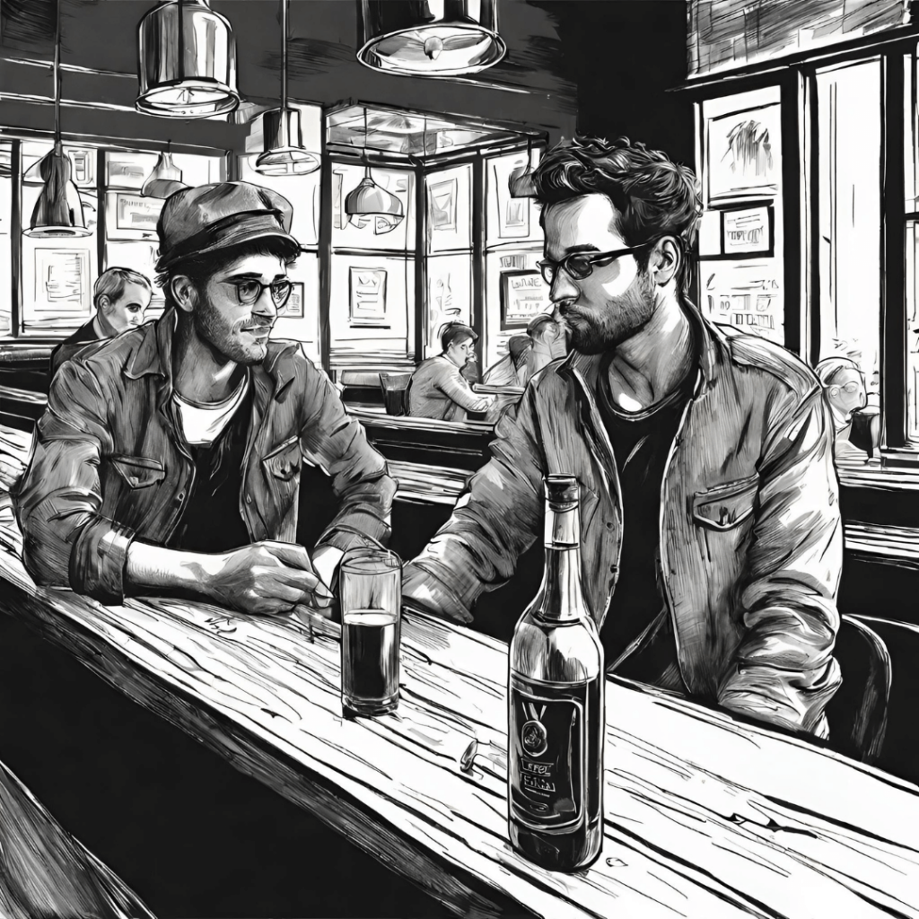 priatelia na pive v bare čierno biela kresba