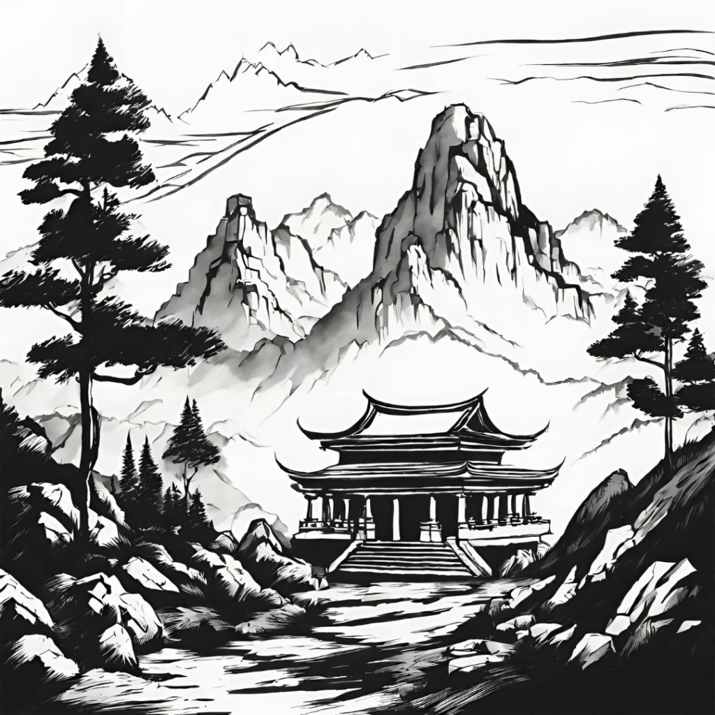 tibetský chrám v horách čierno biela kresba