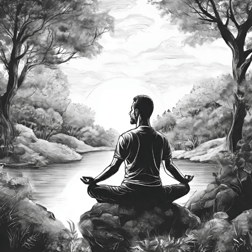 chlap ktorý sa koncetruje pri meditácii čierno biela kresba