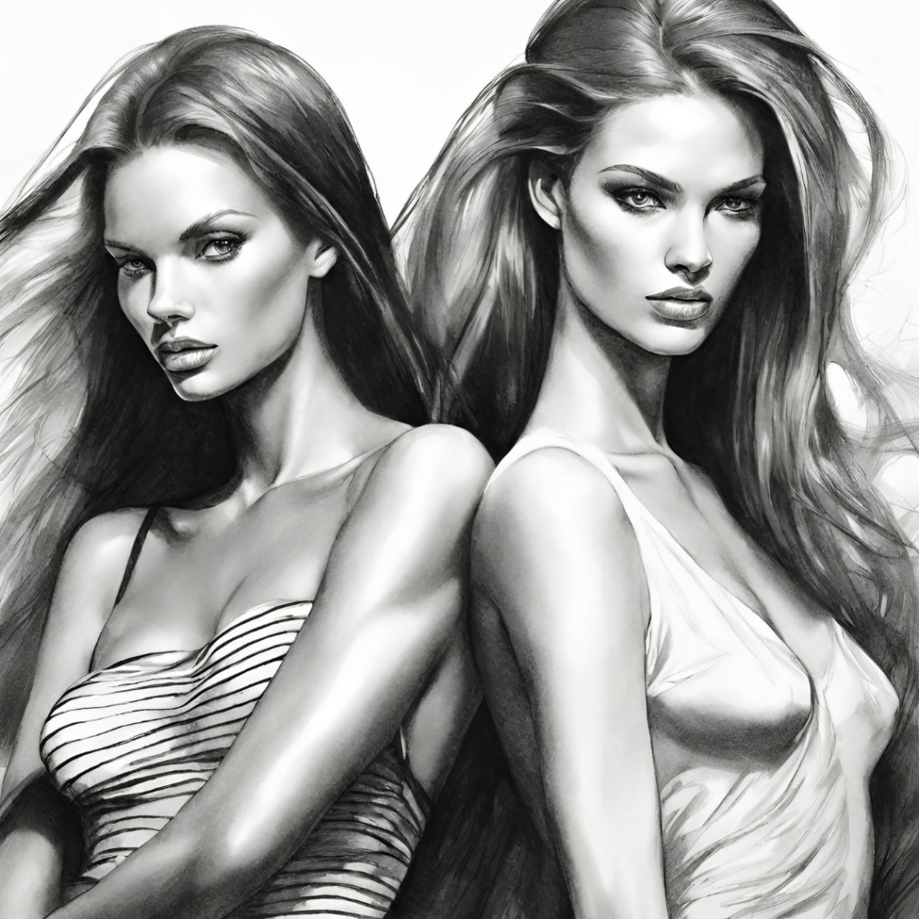 dve atraktivne modelky cierno biela kresba