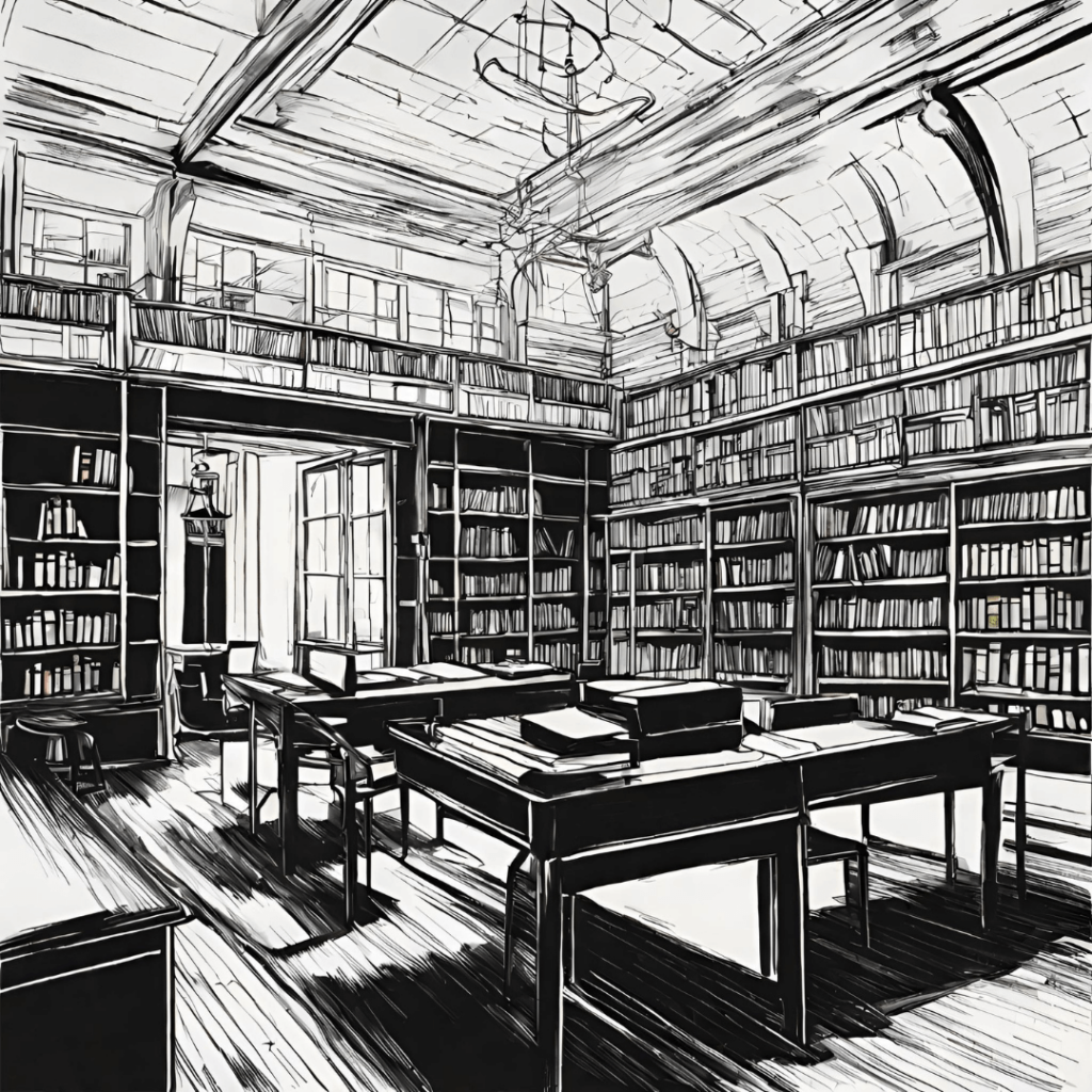 knižnica plná kníh, čierno biela kresba