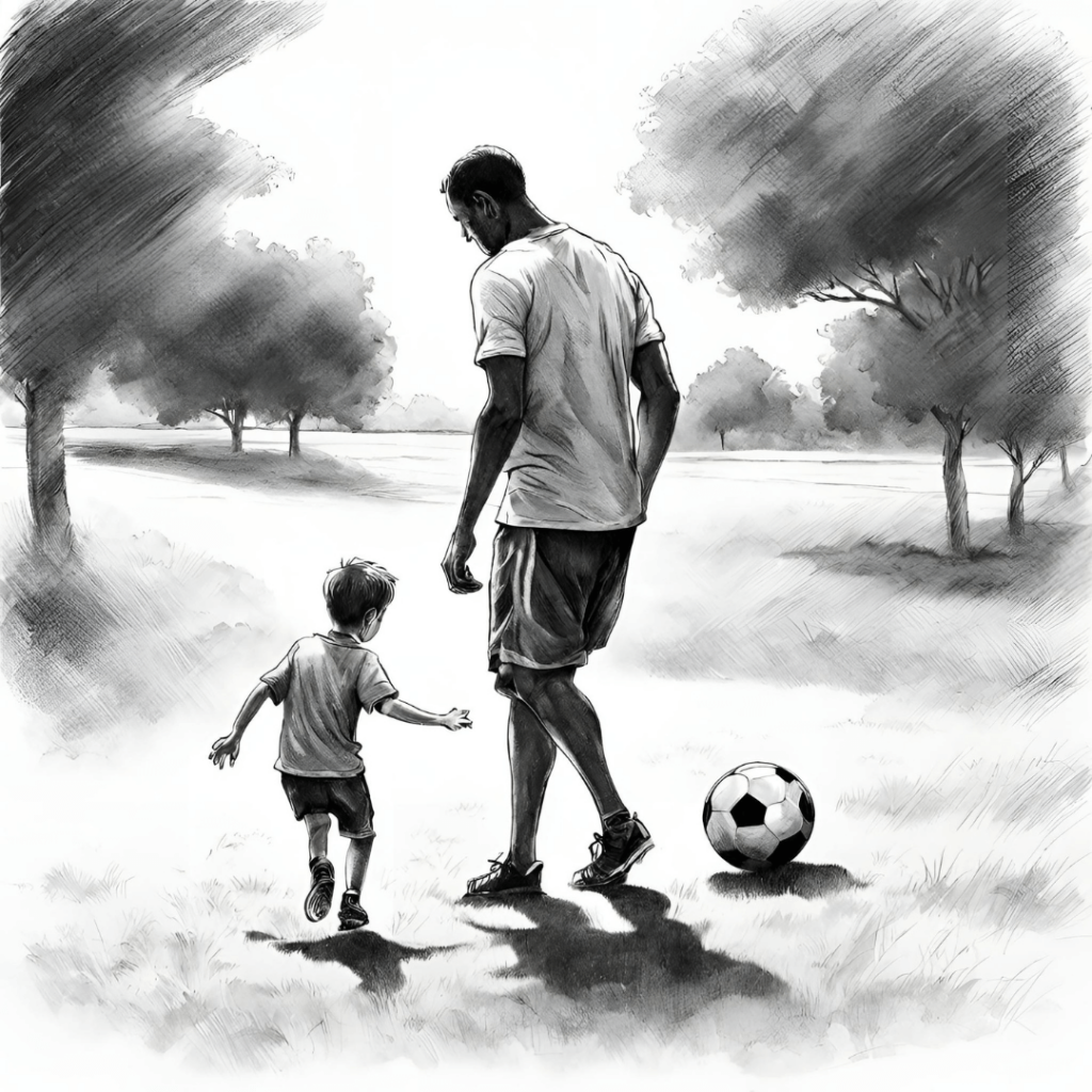 otec a syn hraju futbal čierno biela kresba