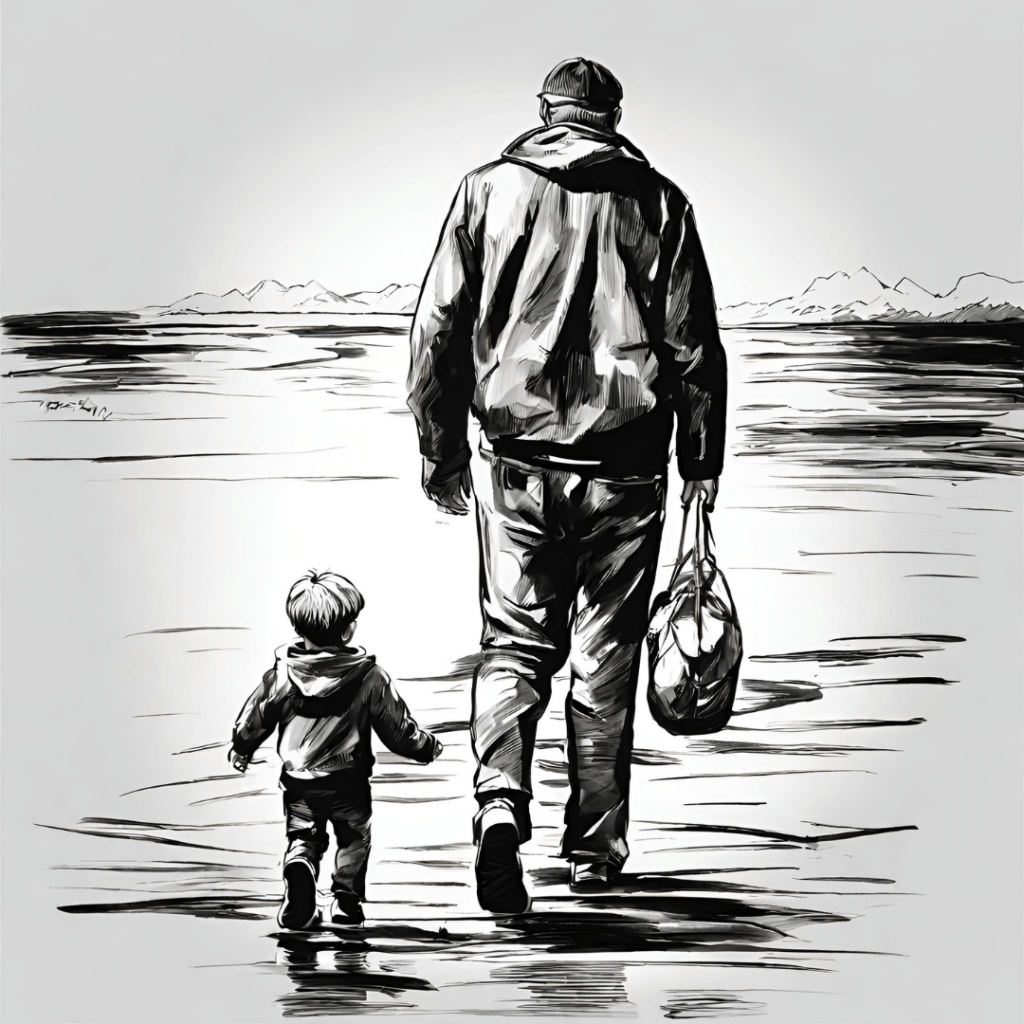 otec a syn idu kempovat čierno biela kresba