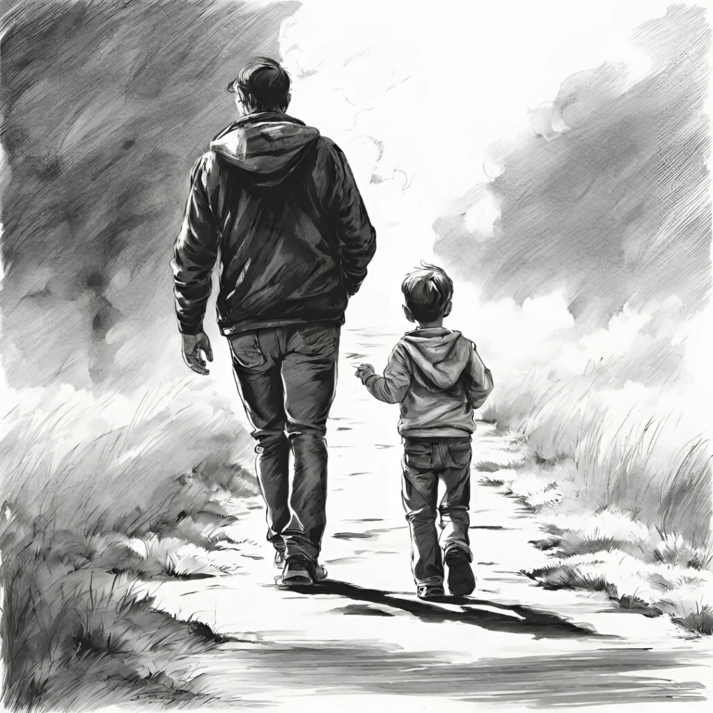 otec a syn na prechadzke čierno biela kresba