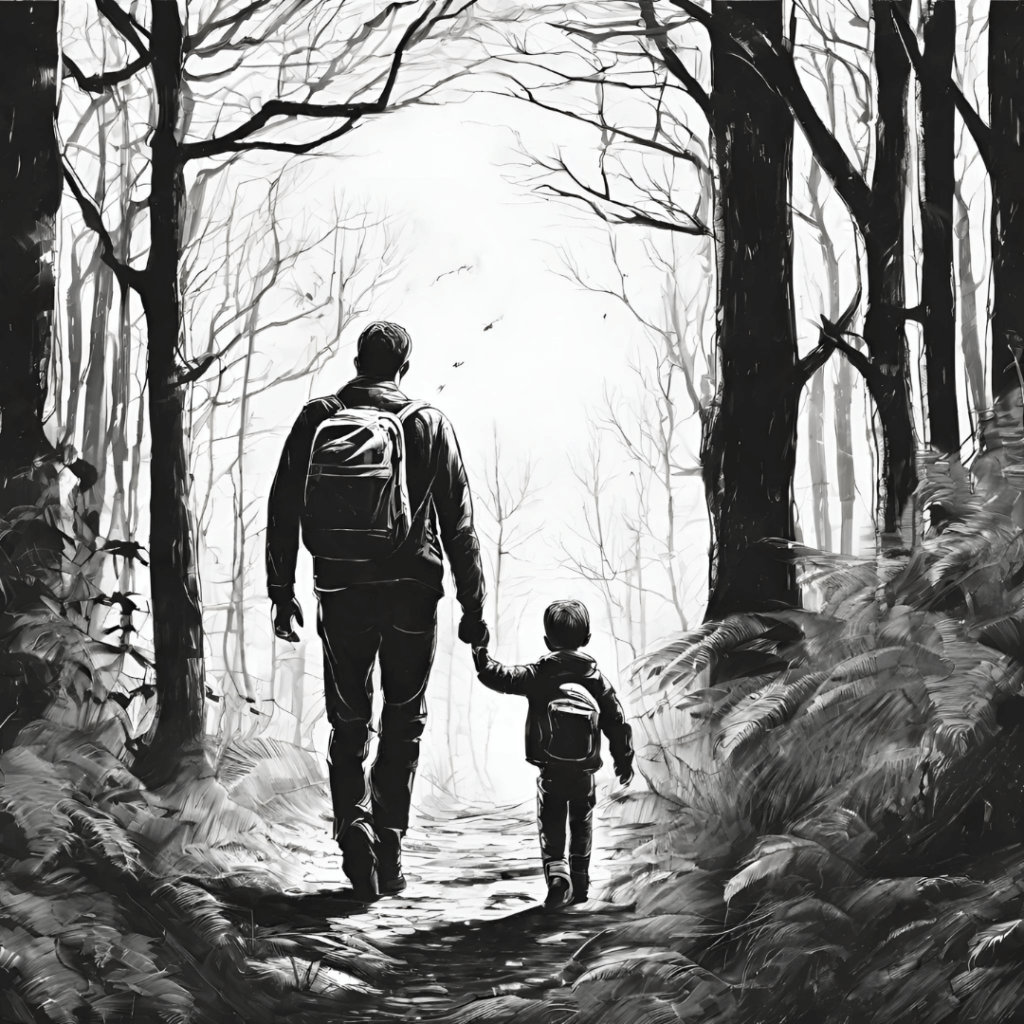 otec a syn na prechadzke v lese čierno biela kresba