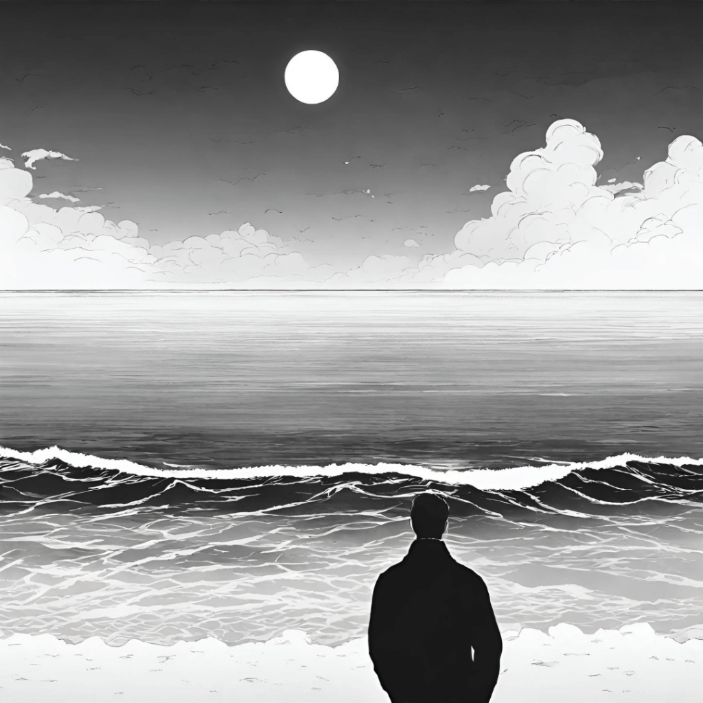 smutný chlap pozerý na oceán