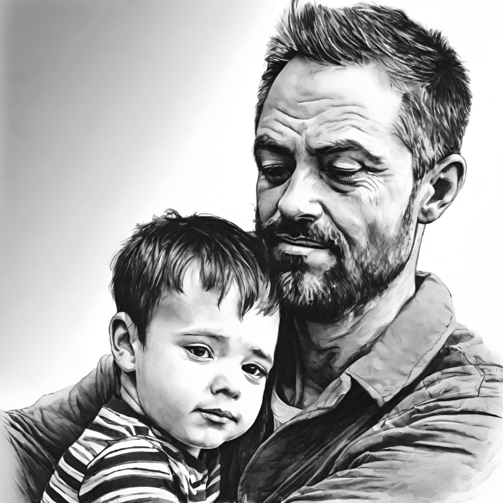 stastny otec a jeho syn čierno biela kresba