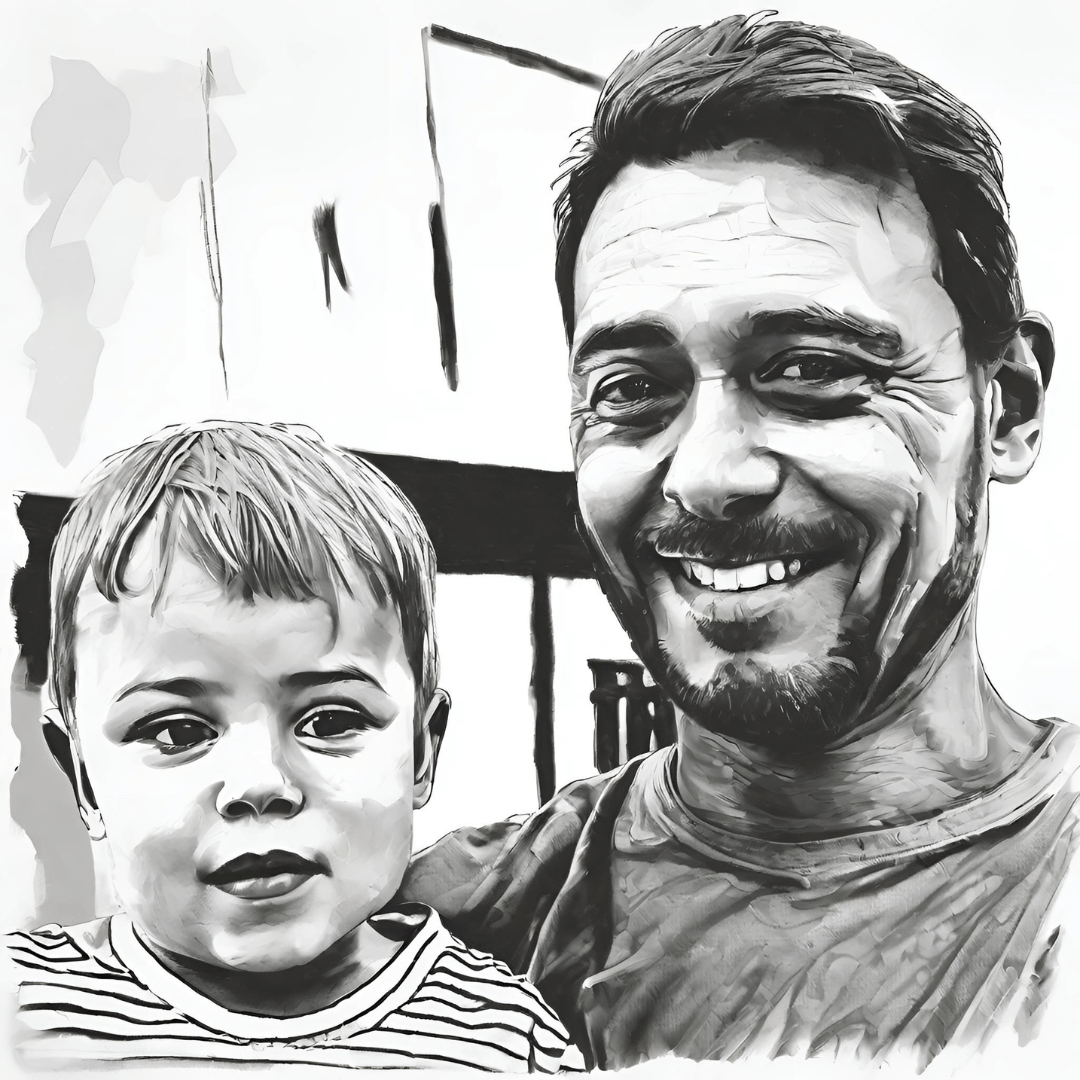 stastny otec a jeho syn sa usmievaju čierno biela kresba