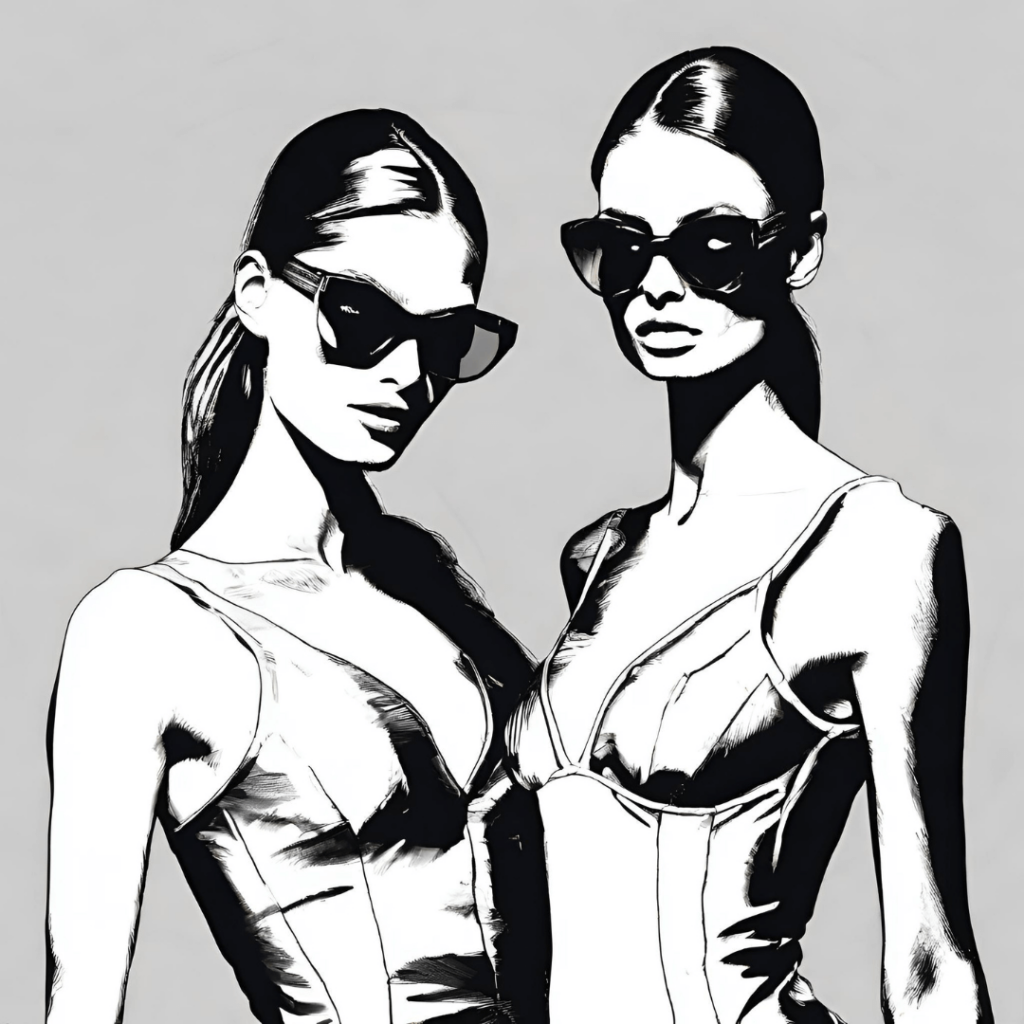 dve atraktívne brunety čierno biela kresba