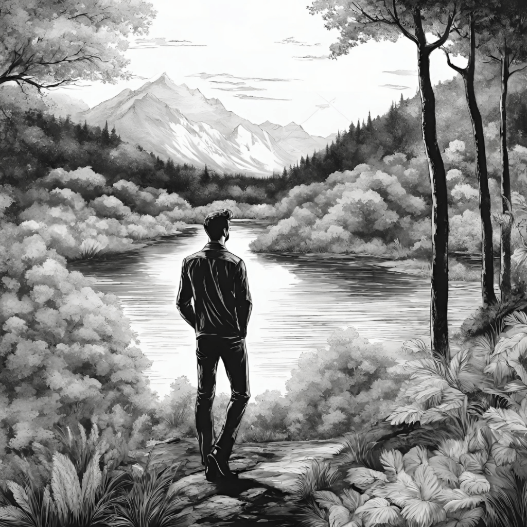 chlap rozmýšľa nad zmyslom života a pozerá na jazero čierno biela kresba