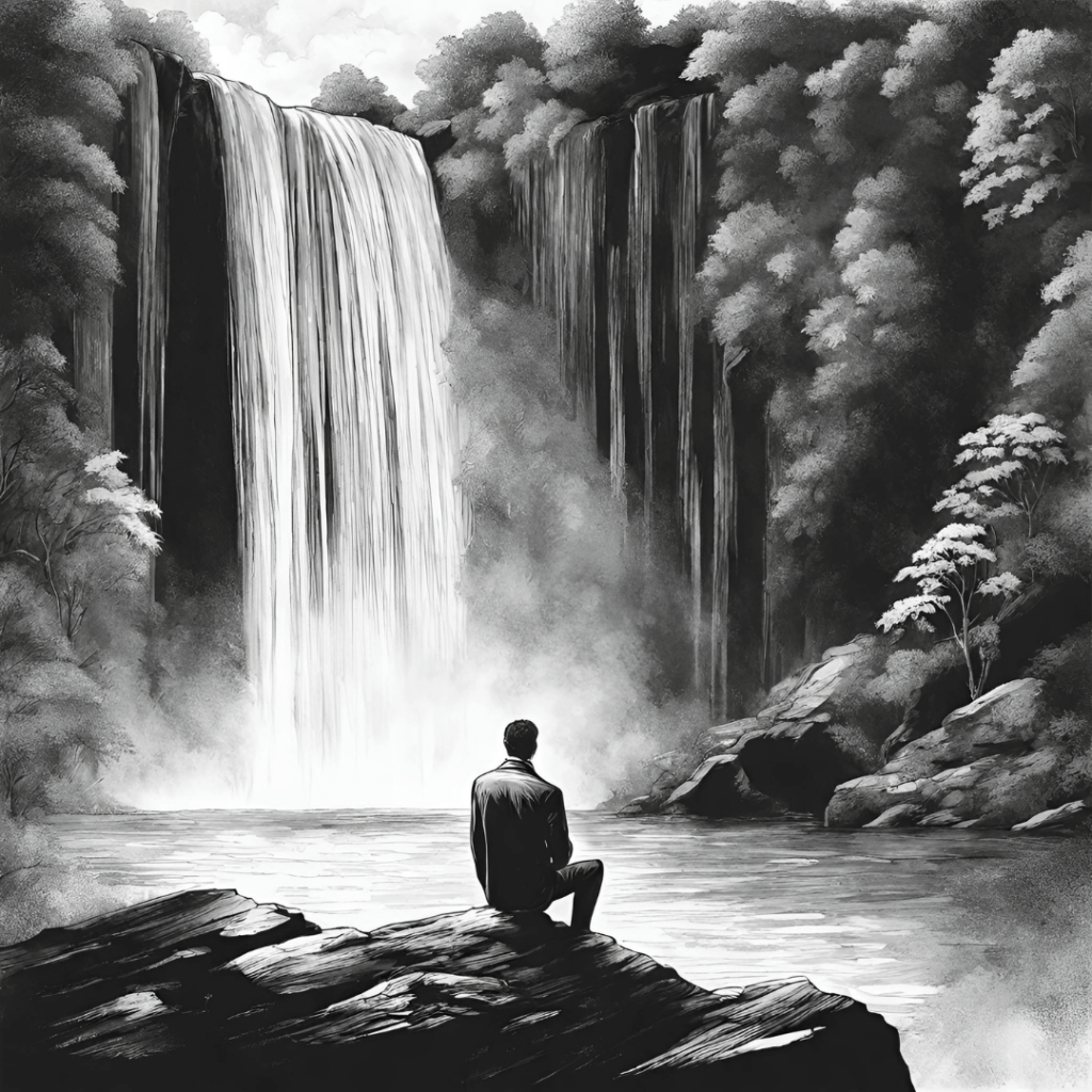chlap rozmýšľa nad zmyslom života a pozerá na vodopád čierno biela kresba