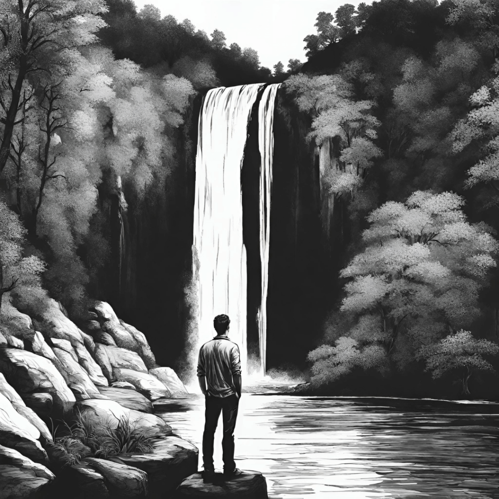 chlap rozmýšľa o sebavedomí pri vodopáde čierno biela kresba