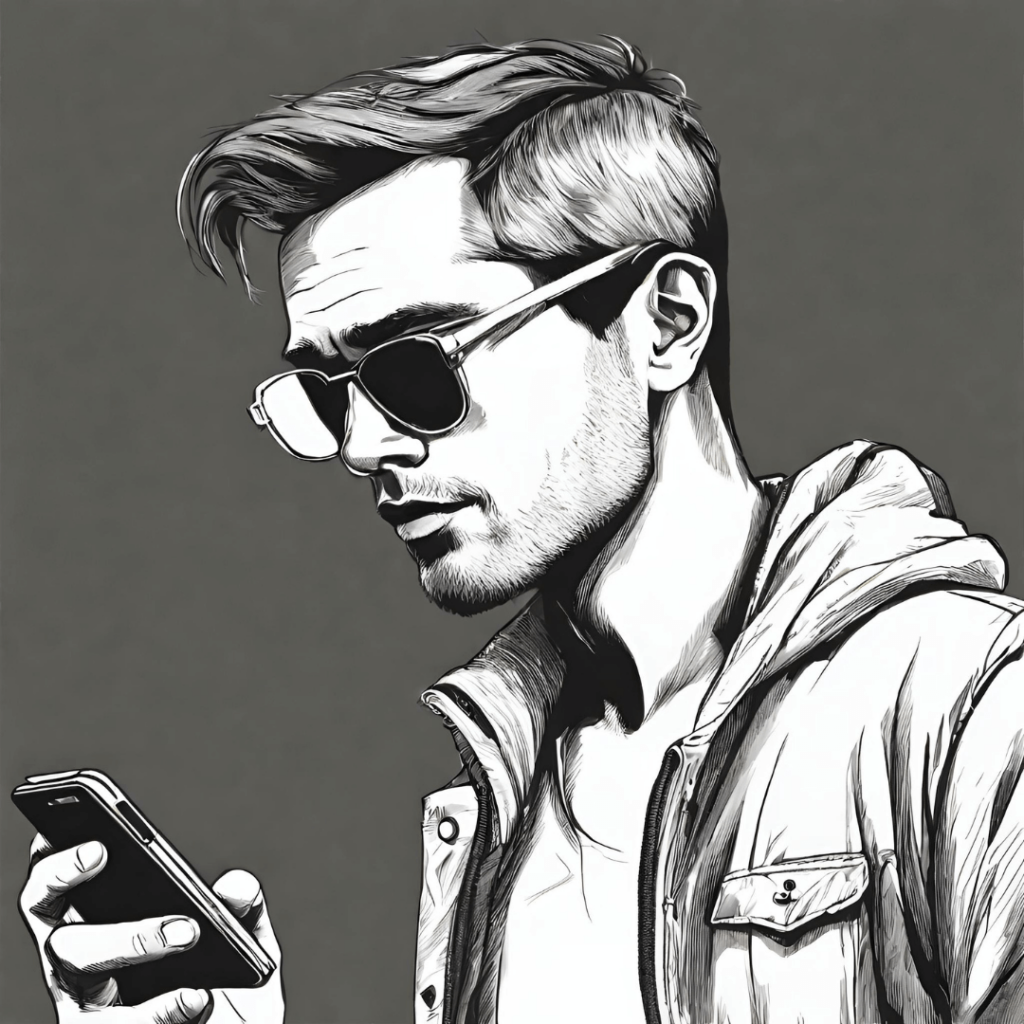 chlap s okuliarmi a mobilom čierno biela kresba