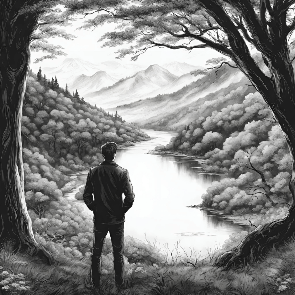 chlap cestovateľ pozerá na jazero čierno biela kresba