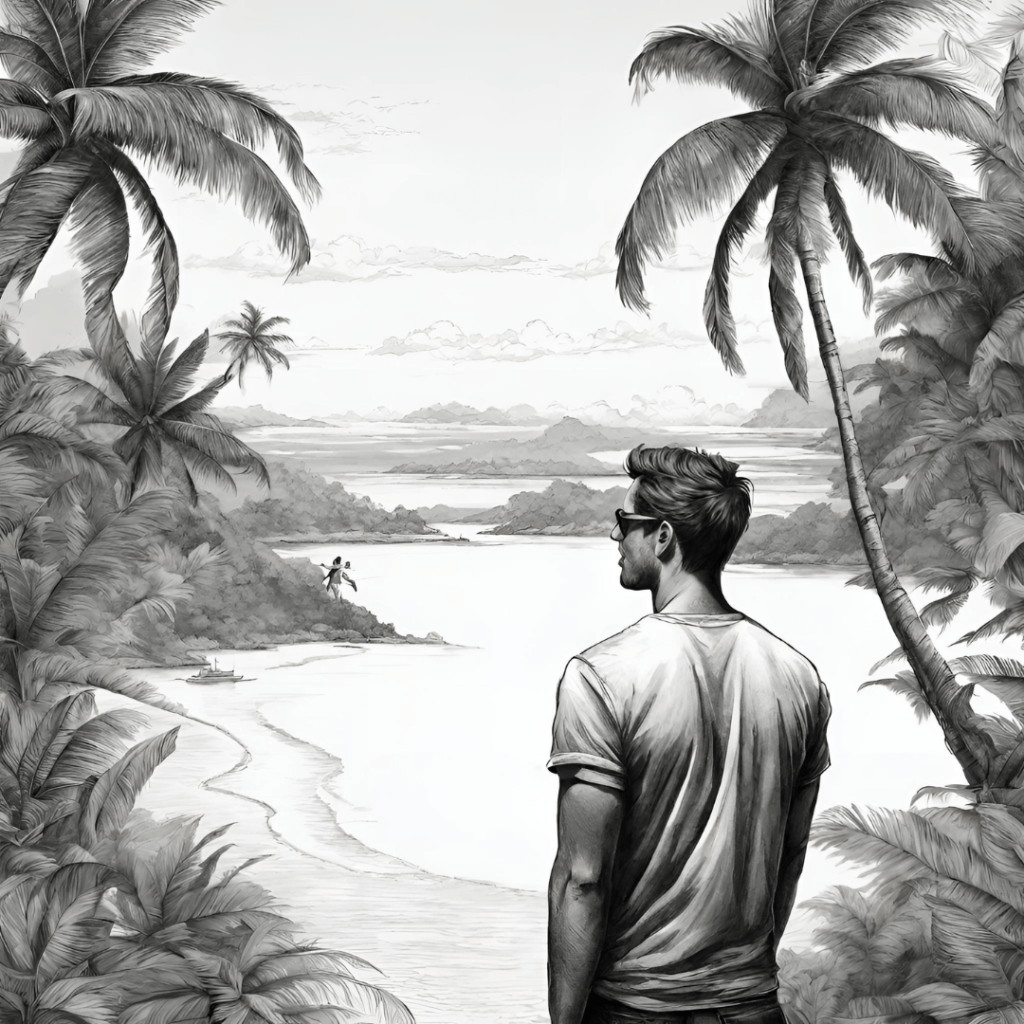 chlap cestovateľ pozerá na tropické ostrovy čierno biela kresba