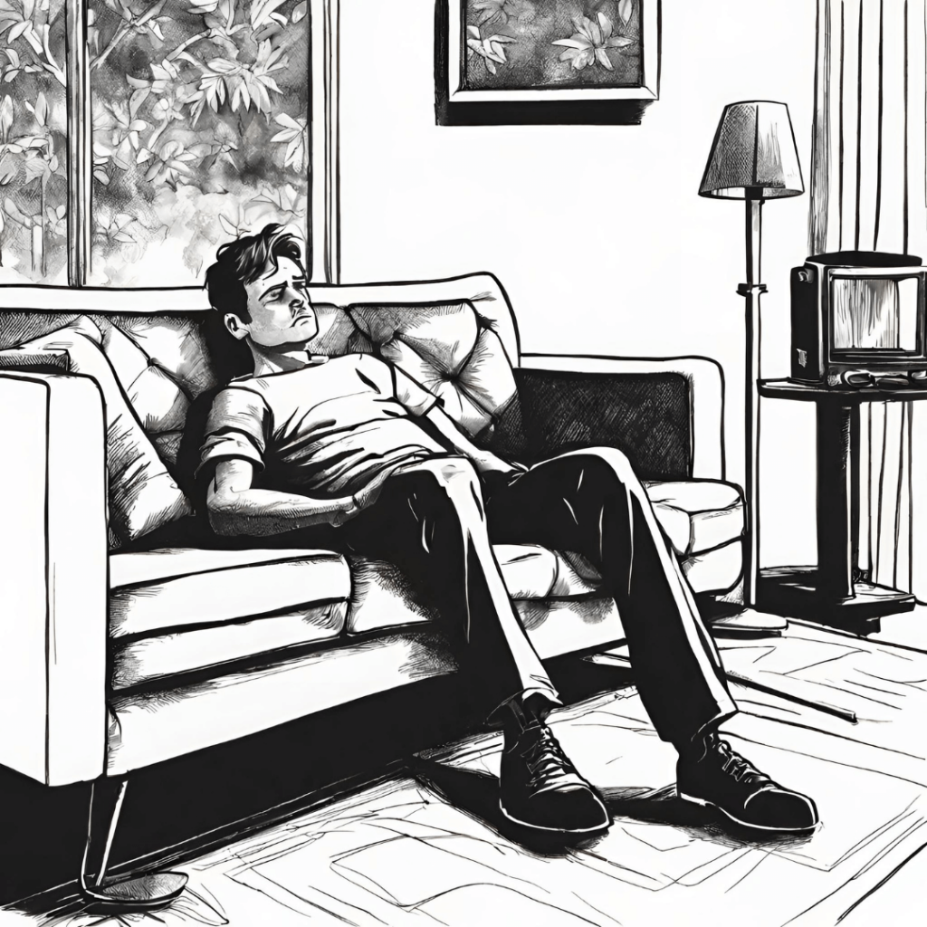 chlap lenivo sedí na gauči čierno biela kresba