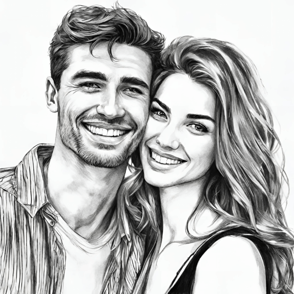 chlap s partnerkou sa usmievajú čierno biela kresba