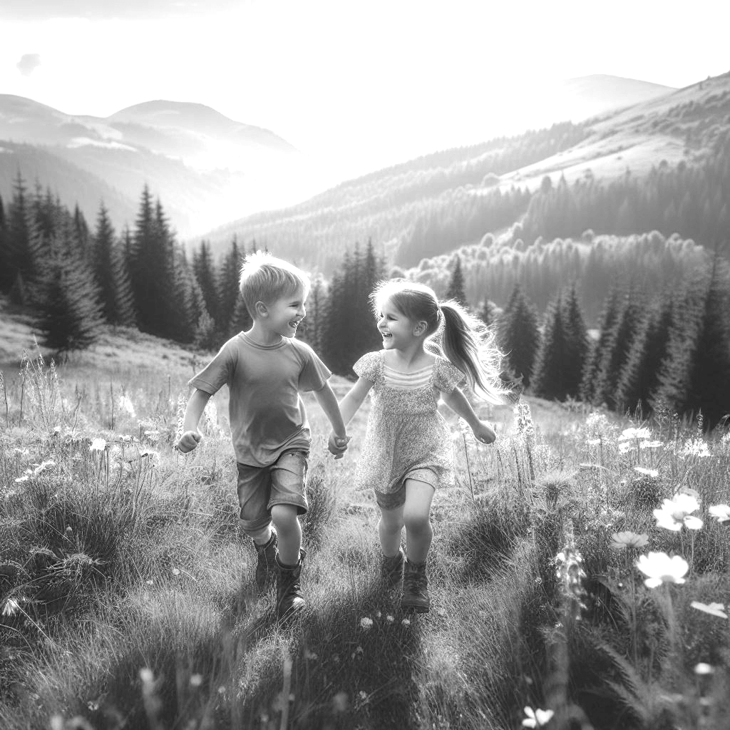  deti hrajúce sa v prírode, hory v pozadí
