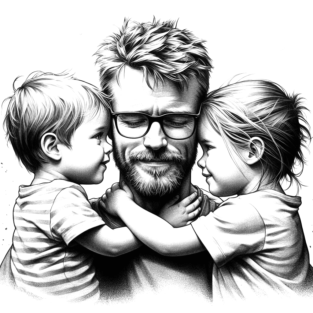 otec a jeho dve deti, čierno biela kresba