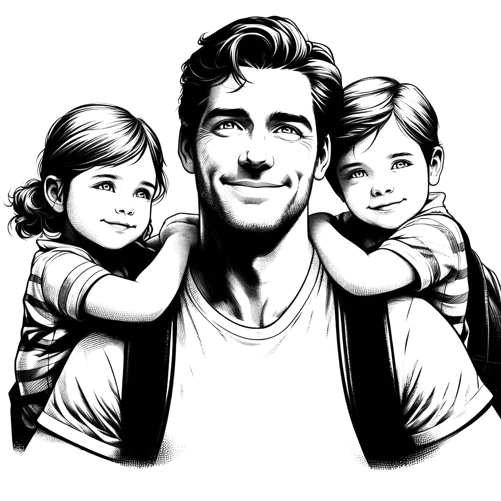 otec a jeho syn a dcéra, čierno biela kresba
