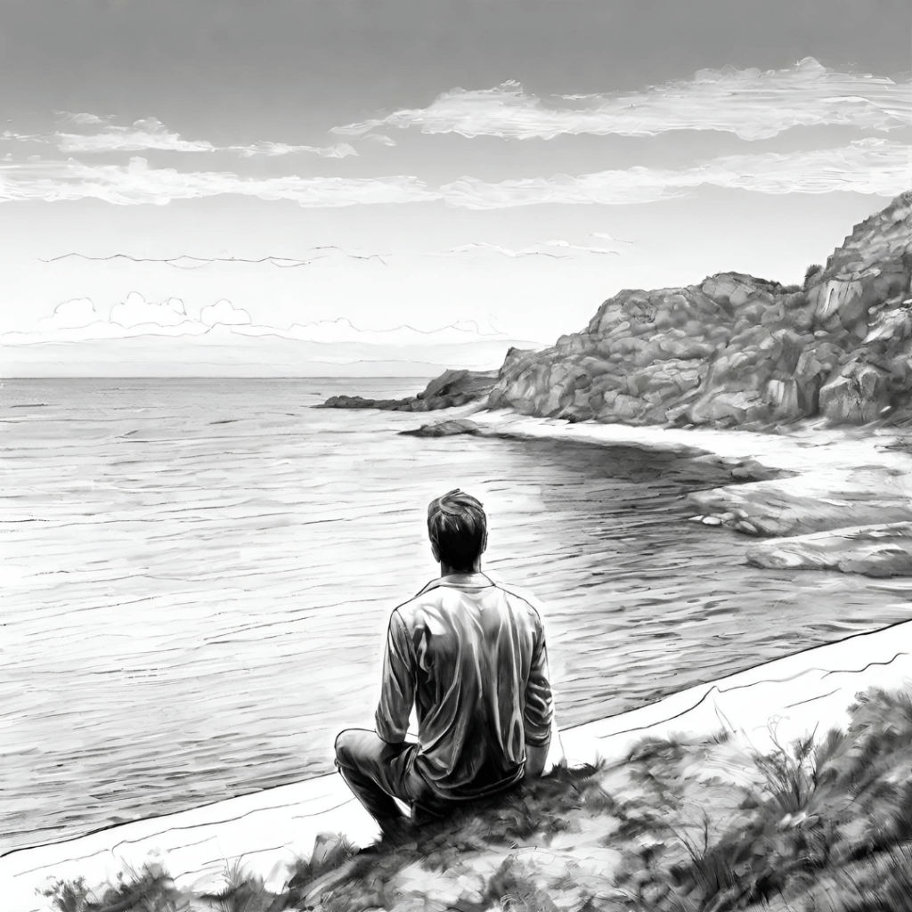 pokojný chlap medituje pri mori čierno biela kresba