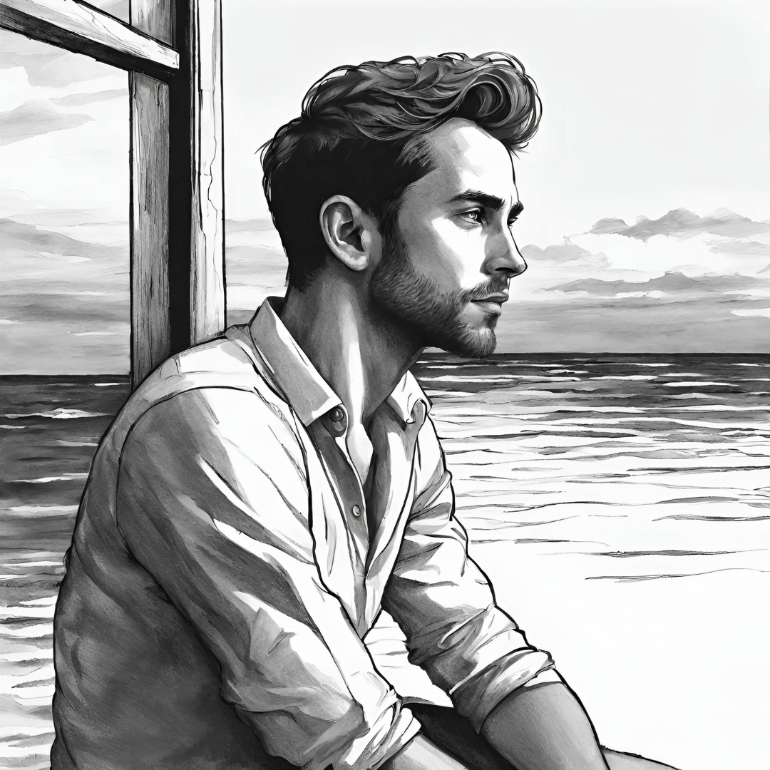 pokojný chlap pozerá na more čierno biela kresba