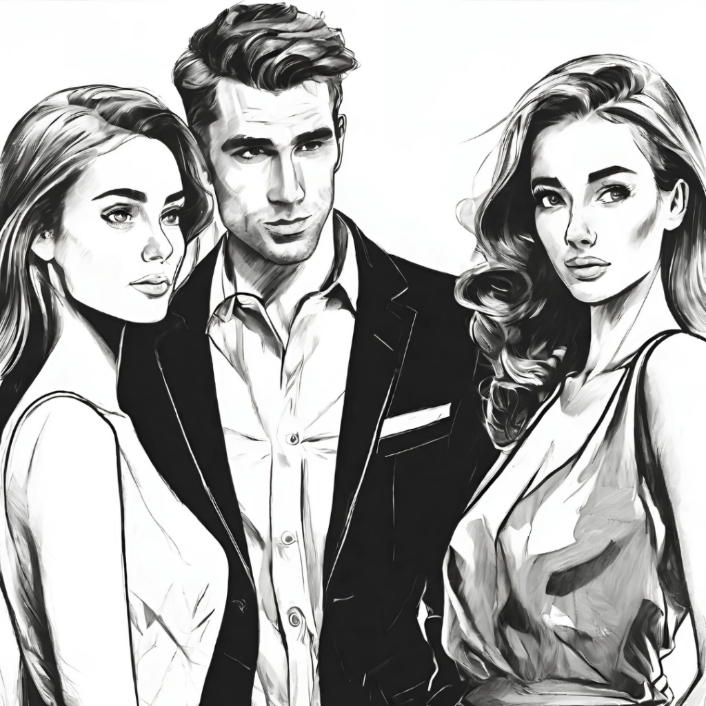 single chlap a dve atraktívne ženy čierno biela kresba