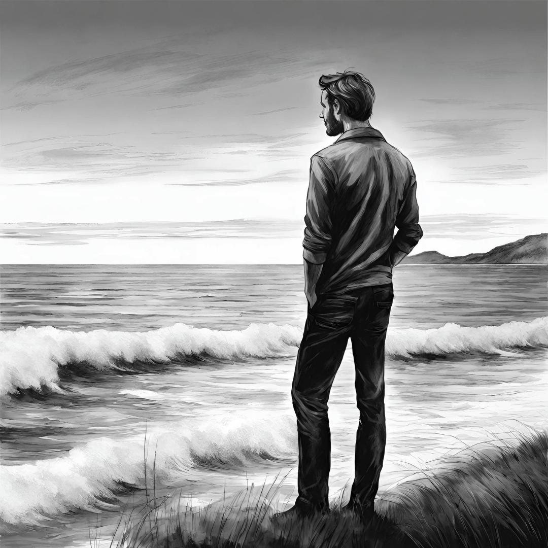 chlap pozerá na more čierno biela kresba