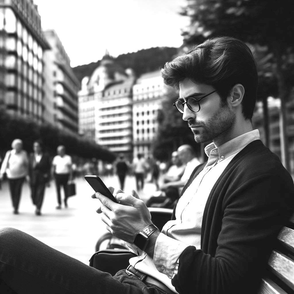 chlap si číta noviny na ulici vo svojom mobile