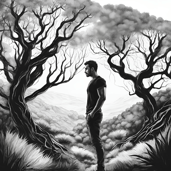 odolný chlap v lese čierno biela kresba